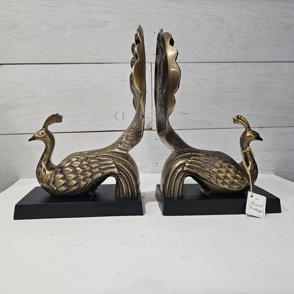 VINTAGE Brass Peacock Bookends French Connection Heavy